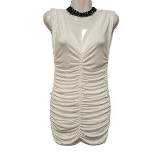 𝅺WHITE Ruched V Neck Low Back Mini Dress  Size M - NWOT